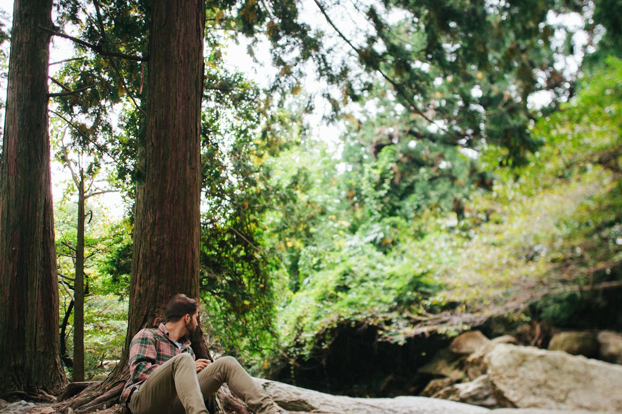 services-04 A man sits peacefully by a tree in a lush green forest, enjoying a moment of solitude.